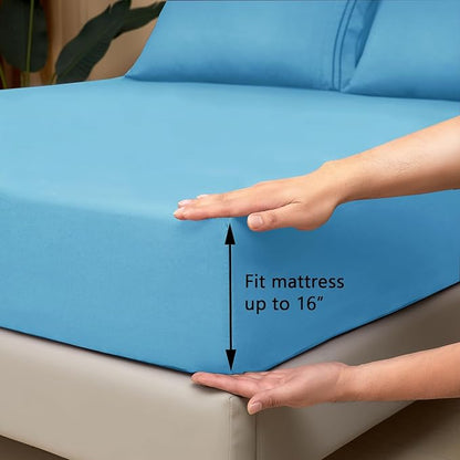Mejoroom King Size Sheet Set - Soft Microfiber Bed Sheets,Deep Pocket Fitted Sheet, Soft, Breathable, Wrinkle & Fade Resistant - 4 Piece (King, Denim Blue)