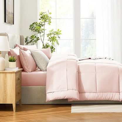 CozyLux Twin Comforter Set with Sheets Blush Pink, 5 Pieces Bed in a Bag, Pink Comforter Twin Size, All Season Bedding Set with Stitch Quilted Comforter, Flat Sheet, Fitted Sheet, Pillowcases