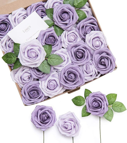 Ling's moment Artificial Flowers 50Pcs Dusty Violet Roses Decor w/Stems,3" Real Touch DIY Foam Floral for Wedding Bouquet/Centerpieces, Outdoors Party Backdrop, Room/Table, and Garden/Pot Decorations
