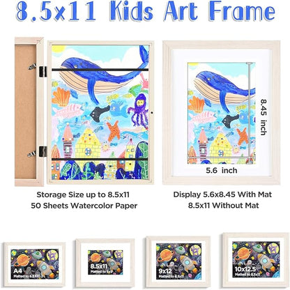 KINLINK 8.5x11 Kids Art Frames Set of 2, Solid Wood Kids Artwork Frames Changeable with Acrylic Front Opening Holds 150 Pictures, Art Frame for Kids Artwork with Mat or without Mat, White Wood