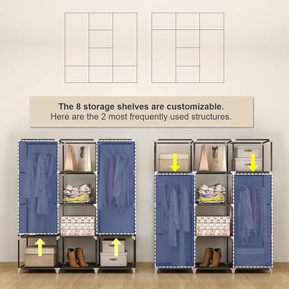Portable Closet Wardrobe, 51-Inch Clothes Organizer with 2 Hanging Rods and 8 Shelves, Non-Woven Fabric Cover, Medium Capacity Storage for Bedroom and Living Room, Black