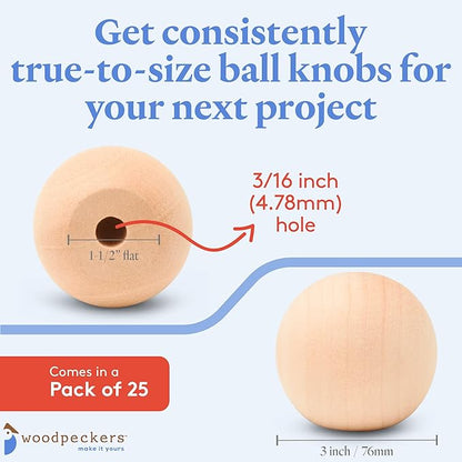 Wood Knobs, 3 Inch Round Natural Wood Drawer Pulls, Pack of 25 Unfinished Wooden Drawer Knobs, Ball Shaped Wood Cabinet Knobs, Nursery Dresser Knobs, Wood Door Knobs and Crafts