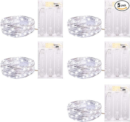5 Pack Fairy Lights Battery Operated, 7 Feet 20 Led String Lights with Timer, Waterproof Firefly Lights on Silver Wire for Home Party Wedding Christmas Decorations, 6 Hours on/18 Hours Off, Pure White