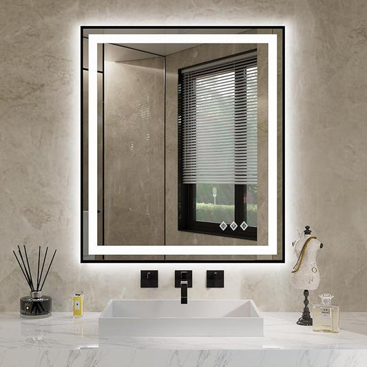 LED Bathroom Mirror, 28x32 Inch Black Framed Gradient Front and Backlit LED Vanity Mirror, 3 Colors Dimmable CRI>90, IP54 Enhanced Anti-Fog Wall Mounted Lighted Bathroom Mirror