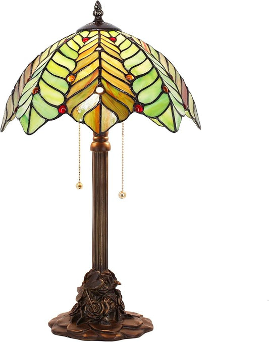 Tiffany Stained Glass Table Lamp 12X12X21Inch Resin Base Desk Bedroom Living Room Reading Light (Brown Green Leaf)