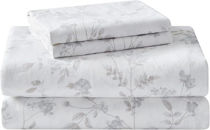 Laura Ashley - Flannel Sheets Full Size, Anti-Pilling & Wrinkle Resistant Cotton, Touchably Soft for All-Season Comfort - Bed Sheets with Matching Pillowcases & Fitted Sheet (Fawna Grey)
