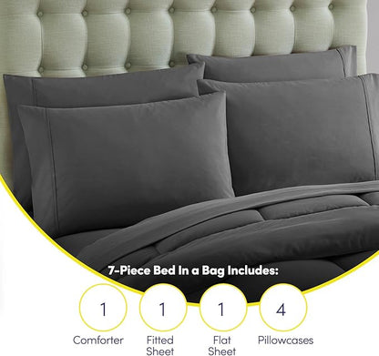 King Size Comforter Set with Sheets - 7-Piece Bedding Collection - 1 Comforter, 1 Fitted Sheet, 1 Flat, 4 Pillowcases - Deep Pocket - Soft & Breathable Premium Quality - Ideal for All Seasons, Gray