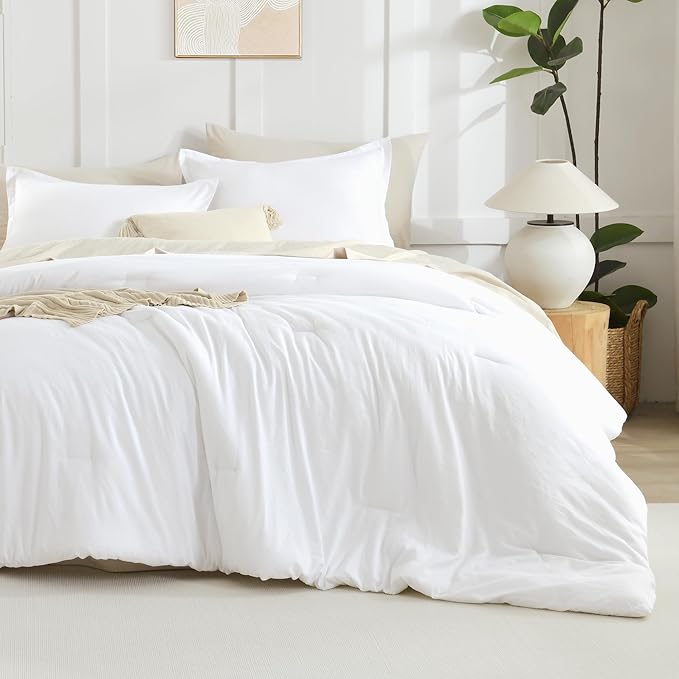 Litanika White Oversized King Comforter Set Super King Plus Size, 3 Pieces Lightweight Solid Bedding Comforter Set, All Season Fluffy Bed Set (128x120In Comforter & 2 Pillowcases)