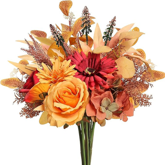2 Pcs Artificial Fall Flowers Bouquet for Decoration, Fall Fake Silk Flower Arrangement Faux Autumn Flowers Fall Decorations for Home Indoor Office Wedding Bride Bouquets Table Centerpieces Fall Decor