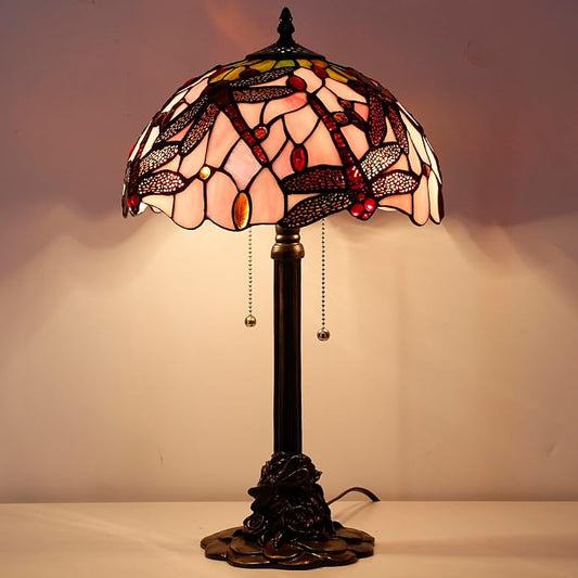 Tiffany Stained Glass Table Lamp 12X12X21Inch Resin Base Desk Bedroom Living Room Reading Light (Pink Dragonfly)