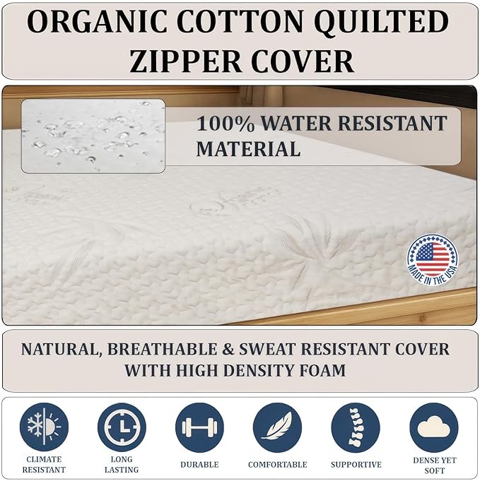 Foamma 8" x 36" x 76" Mattress for RV with Water Resistant Organic Cotton Cover, Firm High Density Foam, USA Made, CertiPUR-US Certified Foam