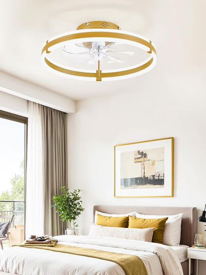 ZMISHIBO Ceiling Fans with Lights and Remote, 19.7'' Low Profile Ceiling Fan, 3000-6000K Dimmable Modern Flush Mount LED Fan Light, 6 Wind Speeds, Gold Fandelier Ceiling Fans for Bedroom