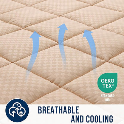 OLANLY Queen Quilted Fitted Mattress Pad – Soft Pillow Top Mattress Topper, Down Alternative Fill, Cooling Comfort Breathable Mattress Cover, Machine Washable Deep Pocket Mattress Protector, Beige