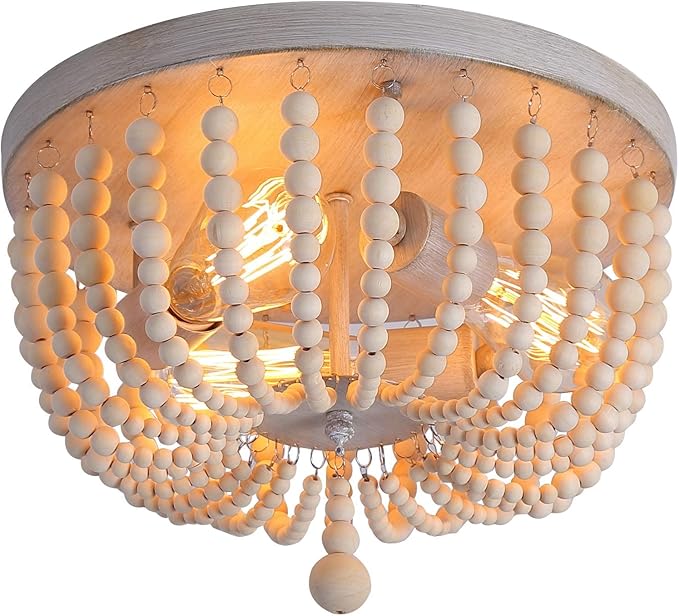 Q&S Wood Beaded Chandelier,Boho Farmhouse Light Fixture,Oak White,3 Lights,Semi Flush Mount Ceiling Light Fixtures for Hallway Baby's Nursery Bedroom Kitchen Living Room