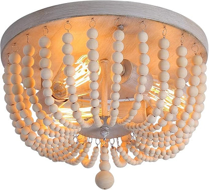 Q&S Wood Beaded Chandelier,Boho Farmhouse Light Fixture,Oak White,3 Lights,Semi Flush Mount Ceiling Light Fixtures for Hallway Baby's Nursery Bedroom Kitchen Living Room