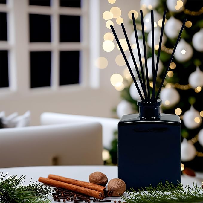 Urban Naturals Christmas Night Reed Diffuser Set – Cinnamon Spice, Almond, Clove, Cedarwood, Fresh Balsam and Fir Needle – 5 Ounce Sleek Black Rectangular Refillable Glass Bottle – Made in The USA