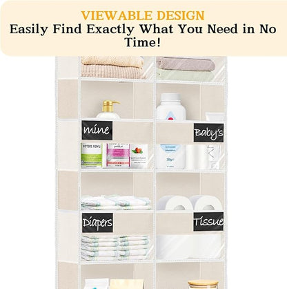 Over the Door Organizer, 5-Tier Extra Large Storage with 10 Pockets and PVC Label Pouches, 80 lbs Capacity Hanging Closet Organizer, Beige