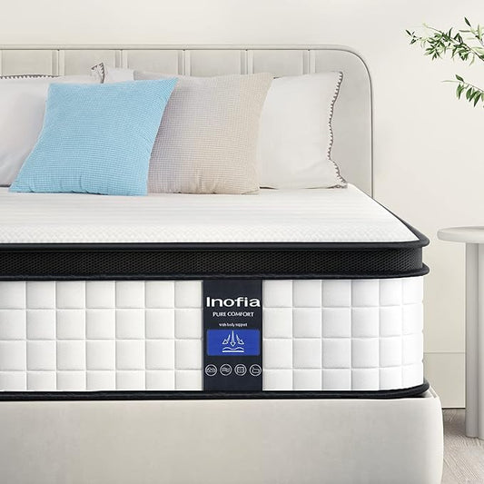 Inofia 10 Inch Queen Hybrid Double Mattress in a Box - Medium Firm, Memory Foam & Pocket Springs, Fiberglass Free, Motion Isolation, Pressure Relief, Edge Support, 10-Year Support, CertiPUR-US