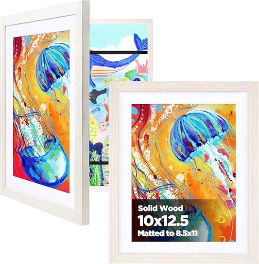 KINLINK 10x12.5 Kids Art Frames Set of 2, Solid Wood Kids Artwork Frames Changeable with Acrylic Front Opening Holds 150 Pictures, Art Frame for Kids Artwork with Mat or without Mat, White Wood