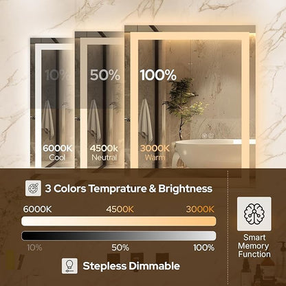 28 x 36 LED Bathroom Mirror with Lights, Lighted Bathroom Vanity Mirror for Wall, Espejos para Baños, Frontlit & Backlit, Anti-Fog, Shatterproof, 3 Adjustable Color Temperatures & Memory Function