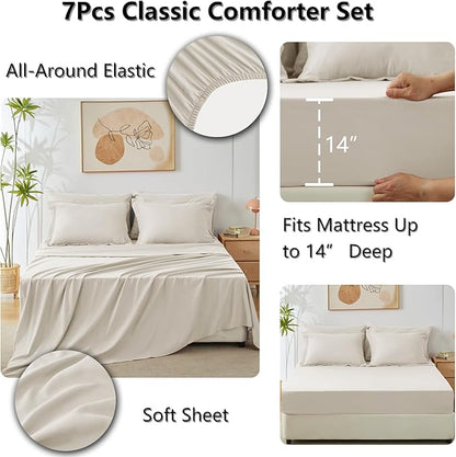 CozyLux California King Comforter Set Beige - Cal King Bed in a Bag 7 Pieces, Luxury Soft Bed Set for All Seasons, Bedding Set with Comforter, Sheets, Pillowcases & Shams