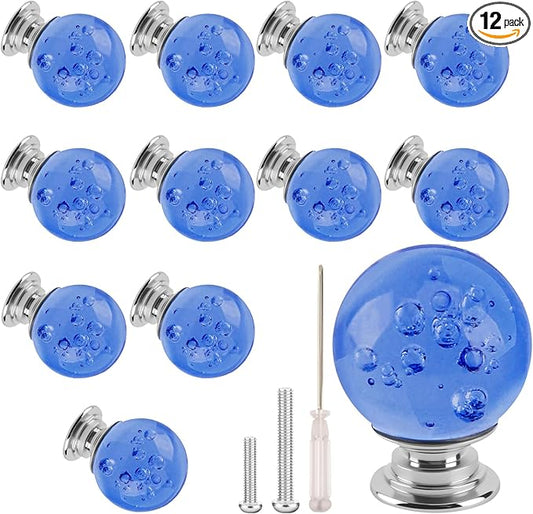 12 Pcs 30mm Round Shape Bubble Crystal Glass Cabinet Knobs with Screws Drawer Knob Pull Handle Used for Kitchen, Dresser, Door, Cupboard (Light Blue)