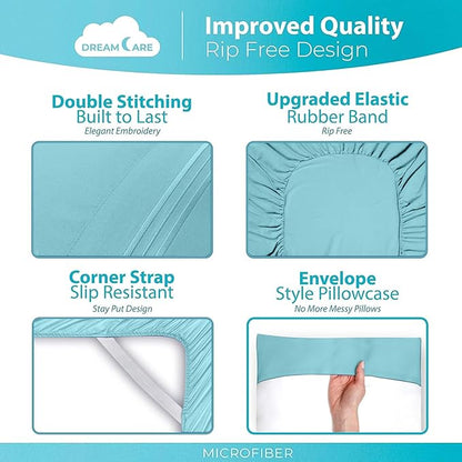 DREAMCARE Full Size Sheets Set - 6 Pcs Deep Pocket Cooling Bed Sheets - Soft, Long Lasting 100% Brushed Microfiber with Side Pocket (Spa Blue, Full)