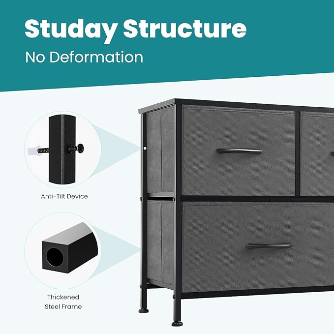 OLIXIS Dresser for Bedroom with 5 Drawers, Wide Chest of Drawers, Fabric Bedroom Dresser with Drawer Organizers, Storage Organizer Unit with Fabric Bins for Closet, Living Room, Hallway, Grey