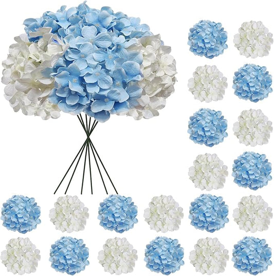20 Pcs Blue and White Hydrangea Artificial Flowers Bulk, Faux Hydrangea Flowers Heads, Artificial Fake Silk Hydrangea Flowers with Stems, White Flowers Artificial for Decoration Wedding Décor