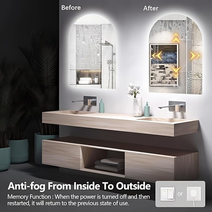 Niccy Arched LED Bathroom Mirror, 32x20 Inch Arch Frameless Backlit Mirrors for Wall Arched Lighted Vanity Mirrors Defogger and 3 Color, Explosion-Proof, HD Glass and IP65 Waterproof