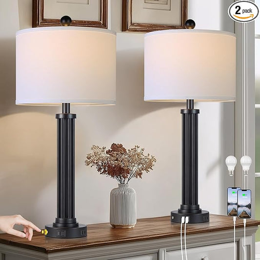 28" Tall Modern Table Lamps Set of 2 with USB C+A Ports and AC Outlet, 3 Way Touch Metal Bedside Lamps for Living Room, Black Nightstand Lamps for Bedroom