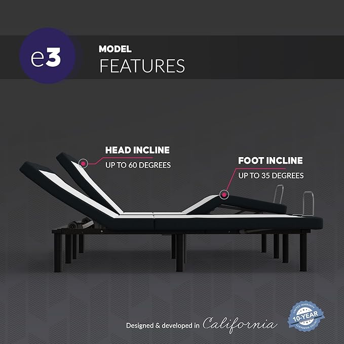 Blissful Nights King e3 Adjustable Bed Base Frame with Head and Foot Incline, Wireless Remote Control, Easy Assembly, and 10 Year Warranty
