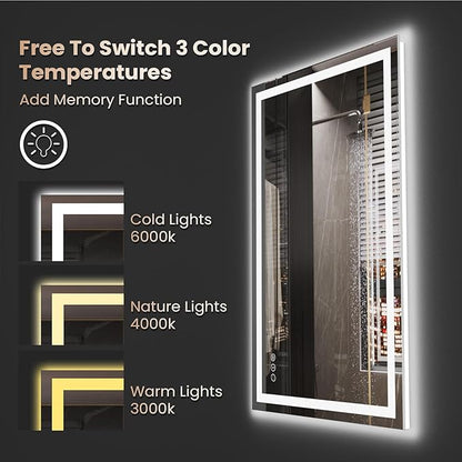 40"X32" LED Bathroom Mirror with Front Lights and Backlit, Anti-Fog, Dimmable, Shatter-Proof Tempered Glass, Lighted Bathroom Vanity Mirror for Wall with 3 Colors, Memory Function