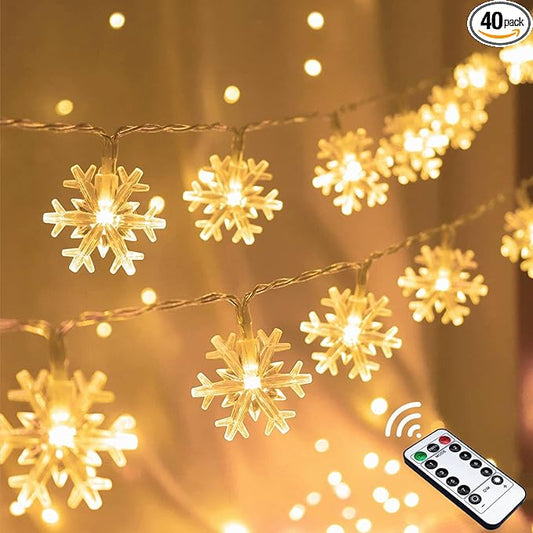 Christmas Snowflake String Lights, 20 FT 40 LED Warm White Battery Operated Fairy Lights with Remote Timer - Bedroom Room Indoor Xmas Tree Decorations