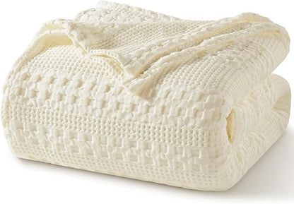 PHF 100% Cotton Waffle Weave Blanket King Size for Bed, Soft Lightweight & Breathable, All-Season Comfort, Luxury Aesthetic Woven Bedding for Home Decor, 108"x90", Cannoli Cream