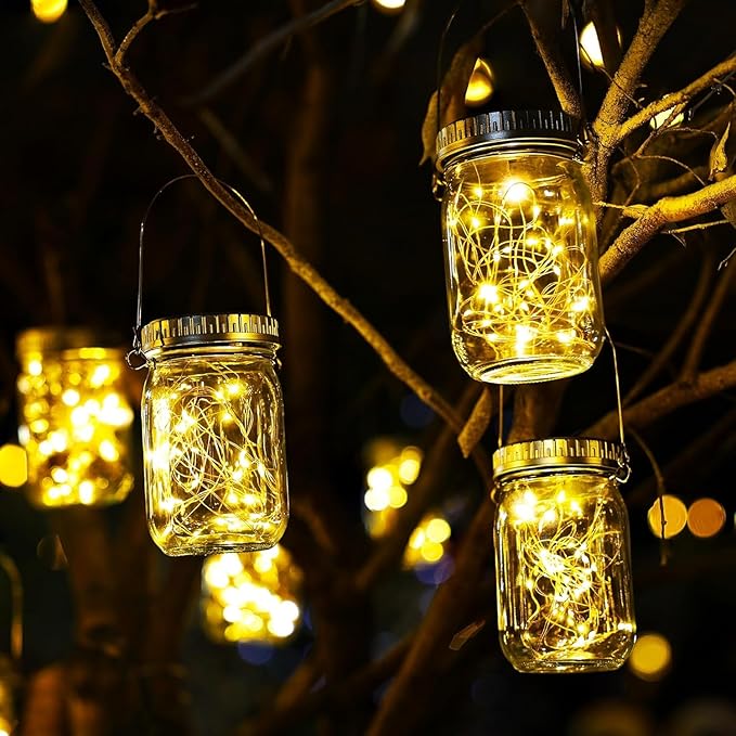 Cooo 6 Pack Solar Lanterns Outdoor Waterproof Upgraded Crystal Glass Solar Mason Jar Lights 30 LED 215% Larger SolarPanel, Anti-Rust Lid Hanging Outdoor Lanterns for Patio Garden Porch