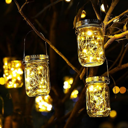 Cooo 6 Pack Solar Lanterns Outdoor Waterproof Upgraded Crystal Glass Solar Mason Jar Lights 30 LED 215% Larger SolarPanel, Anti-Rust Lid Hanging Outdoor Lanterns for Patio Garden Porch
