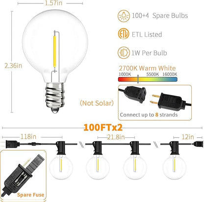 Svater Outdoor String Lights 200 FT, Patio Lights with 104 Shatterproof LED Bulbs, Commercial Grade Waterproof Plastic Hanging Light for Bistro Backyard Cafe Market, Warm White 2700K (2 X 100 FT)