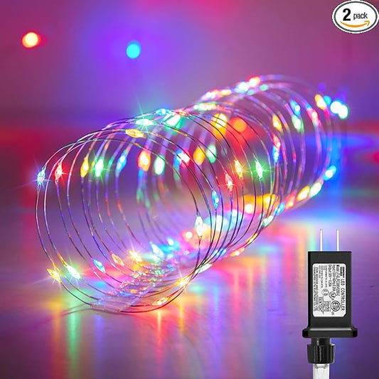 2 Pack Fairy Lights Plug in, 33 Feet 100 LED Waterproof String Lights Plug in on Silver Wire, Starry Firefly Lights for Craft DIY Party Wedding Bedroom Indoor Outdoor Christmas Decorations, Multicolor