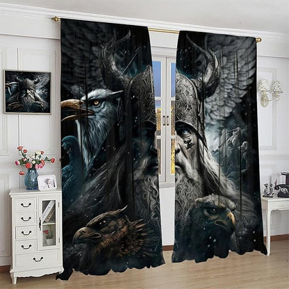 Fantasy Norse Viking Curtains - Cool Gothic Vintage Vikings Mystical Symbol Eagle Thermal Insulated Blackout Curtains - Rod Pocket Window Treatment Drapes for Bedroom 2 Panels 63L x 42W