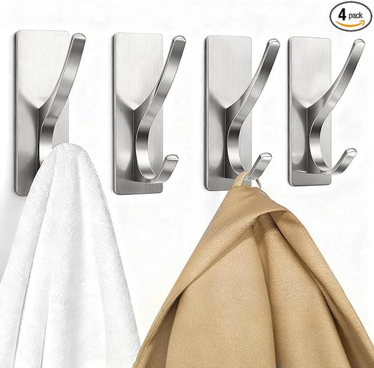 pickpiff Self Adhesive Coat Hooks for Hanging: Heavy Duty Stainless Wall Hook for Towel, Backpack, Hat, Sturdy Metal Hanger for Bathroom, Bedroom, Door, Brushed Nickel 4 Pack