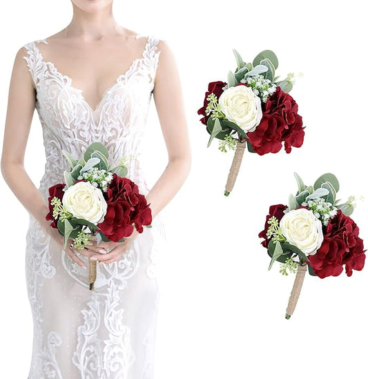 Artificial Flowers Bridesmaid Bouquets - Set of 2 Bridesmaid Bouquet Burgundy White Handmade Silk Floral Bouquet for Wedding Ceremony Anniversary, Bridal Shower, Home Table Decorations
