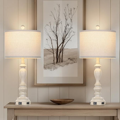 28" Table Lamps with USB C+A Ports & AC Outlets, Farmhouse Rustic Table Lamps Set of 2, Vintage End Table Nightstand Resin Bedside Lamp for Living Room Bedroom, Fabric Linen Shade Washed Antique Beige