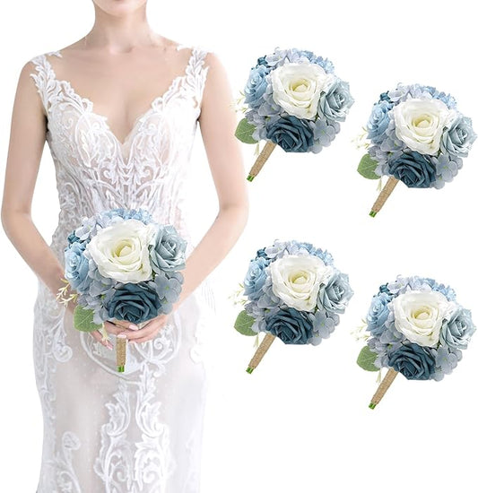 Artificial Bridesmaids Bouquets Set of 4 - 7 inch Silk Rose Bouquets for Bridesmaids, Pre-made Bridesmaid Flowers Small Bouquet for Wedding Vintage Country Bridal Shower Decorations -Dusty Blue