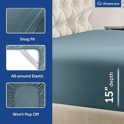 DREAMCARE King Size Sheets Set - Cooling Bed Sheets - 4pcs Set - up to 15" Deep Pocket King Sheet Set – Soft & Long Lasting Cooling - 100% Fine Brushed Microfiber with Side Pocket - Mineral Blue