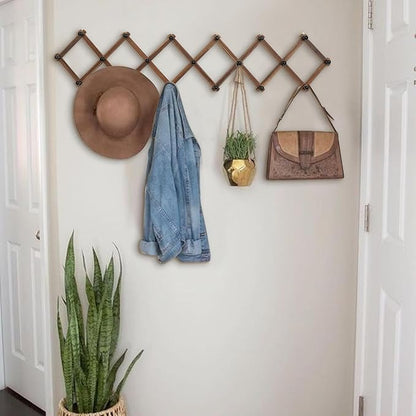 WGFKVAS Expandable Coat Rack, Accordion Wall Hangers, 19 Hooks Wooden Hat Rack Wall Mounted, Hat Hooks for Keys, Coffee Mug, Coats