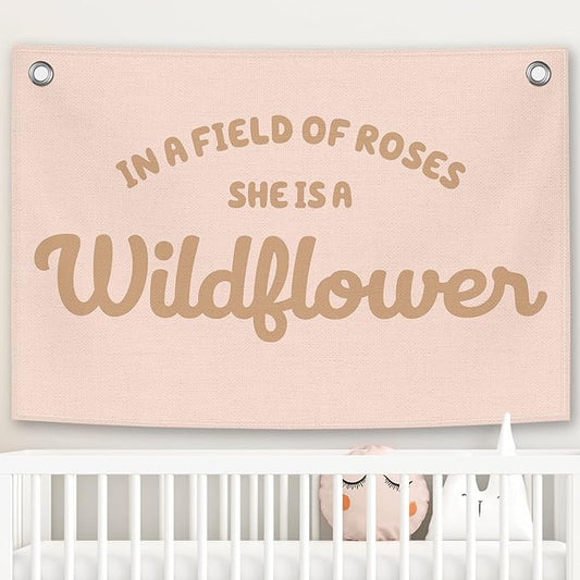 Pink Girls Kids Banner Canvas, Preppy Girly Toddler Room Decor, Inspirational She Is A Wildflower Hanging Flag Sign, Nursery Wall Tapestry Art for Baby Shower Playroom Bedroom Decor 20x30in