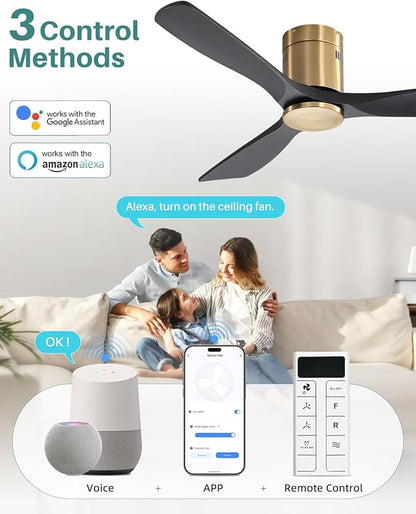 Sofucor 52 Inch Smart Ceiling Fan Without Lights Flush Mount Solid Wood Ceiling Fan with Alexa/Google Assistant/APP/Remote Control-Modern Outdoor Ceiling Fans No Light for Bedroom/Patio, Black Gold