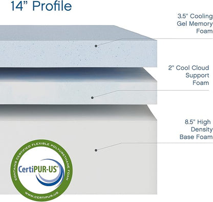 Cool Gel Chill 14 Inch Medium Firm Memory Foam Mattress Twin Size, with Bonus CoolGel Memory Foam Bed Pillow, 14" with Pressure Relief, CertiPUR-US Certified, Cooling Twin Mattress in a Box