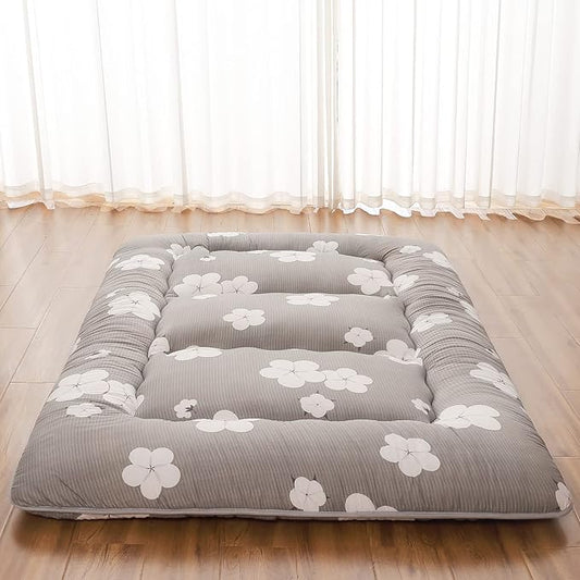 Japanese Floor Mattress, Futon Mattress with Portable Storage Bag and Washable Cover, Roll Up Thick Tatami Mat Suitable for Camping, Guest Room, Grey Cotton, Queen